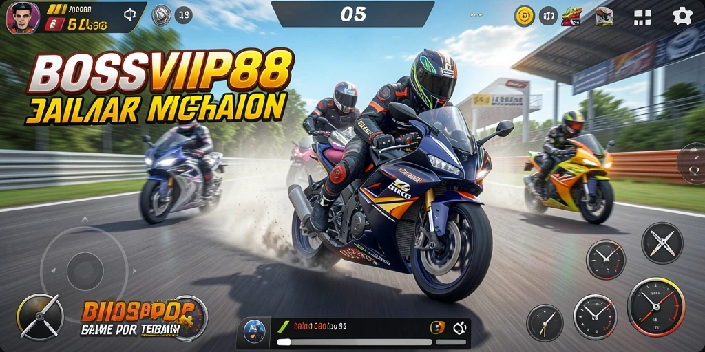 Screenshot utama BOSVIP88 menampilkan aksi balap motor yang mendebarkan.
