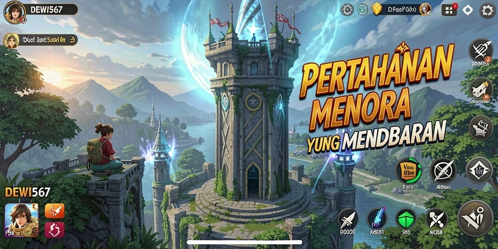 Screenshot DEWI567 menampilkan aksi pertahanan menara yang epik.